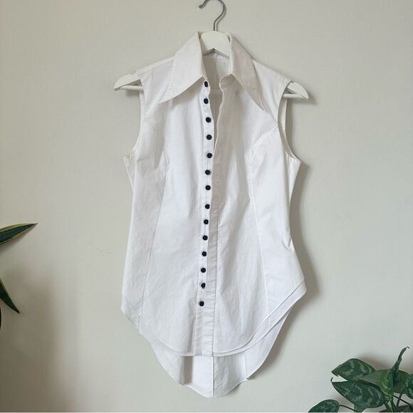 NORISOL FERRARI White Sleeveless Half Sack Button-Down Shirt - Picture 1 of 7